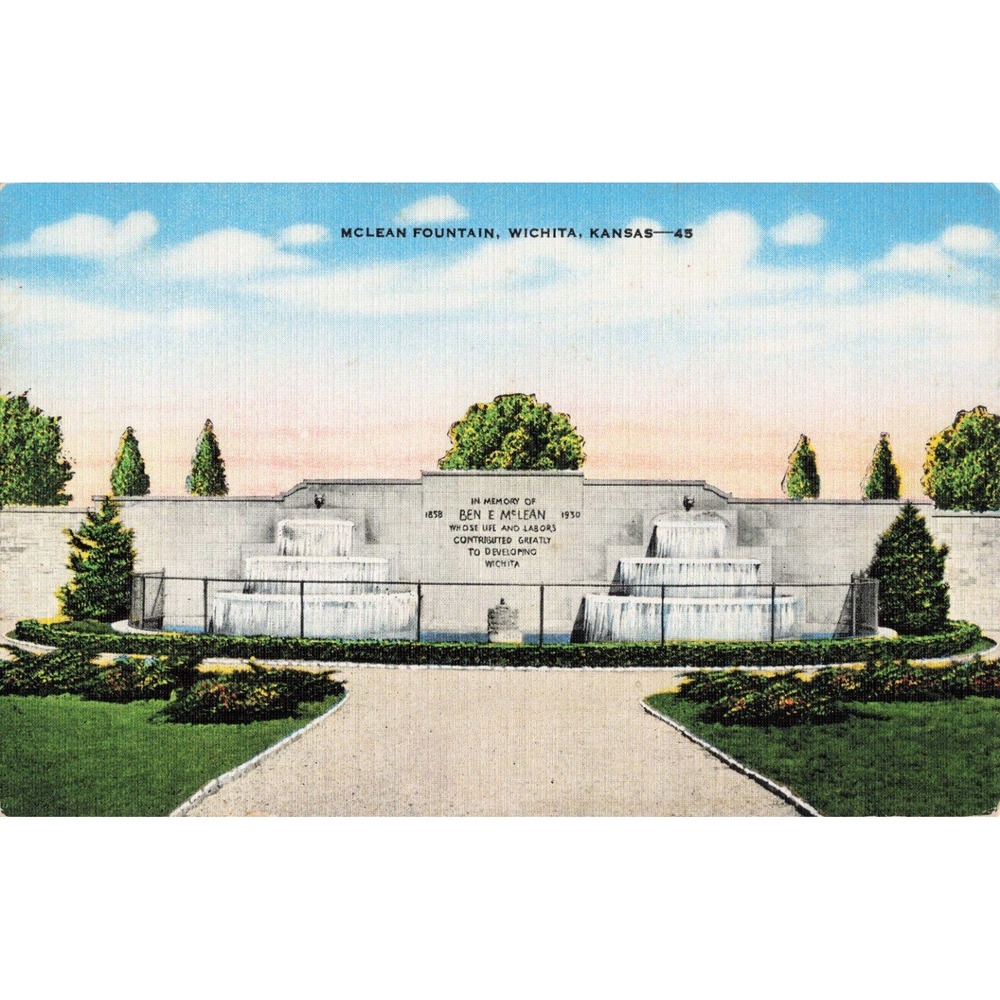 McLean Fountain Wichita Kansas Vtg Linen Postcard Ben E McLean Memorial 45 - Picture 1 of 2